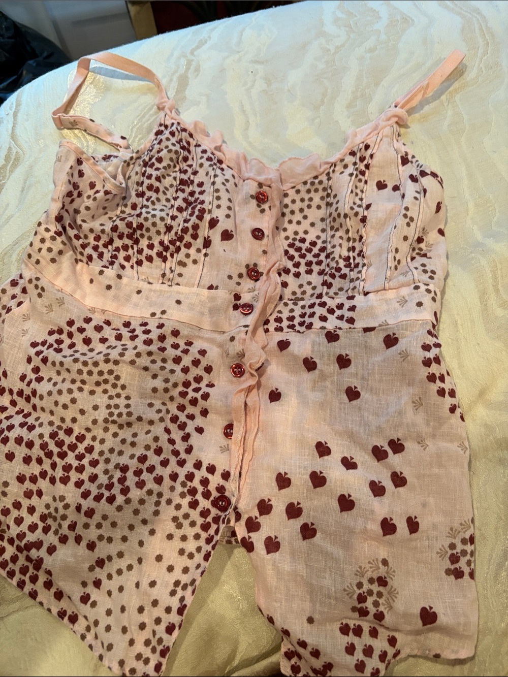 Women’s Pink Heart-Print Button Front Camisole adjustable spaghetti straps